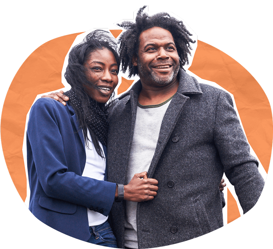 Collage showing a smiling, windswept couple