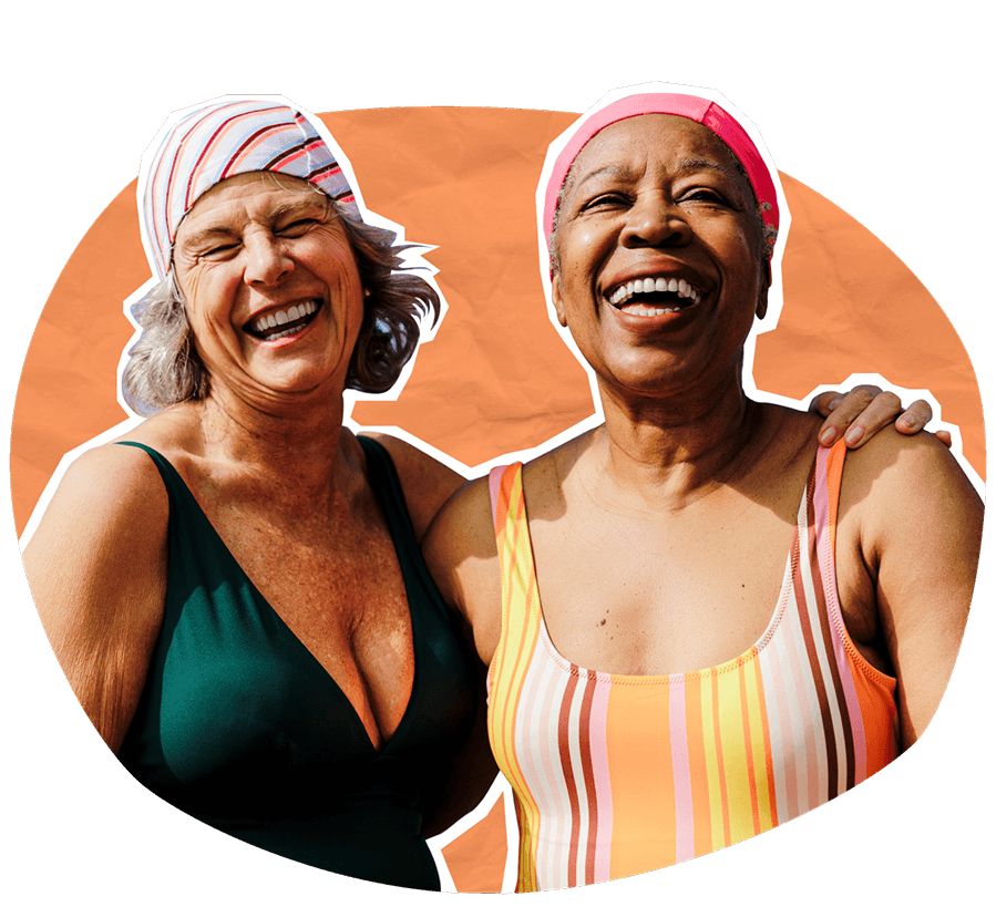 Collage showing two joyful ladies in swimming costumes